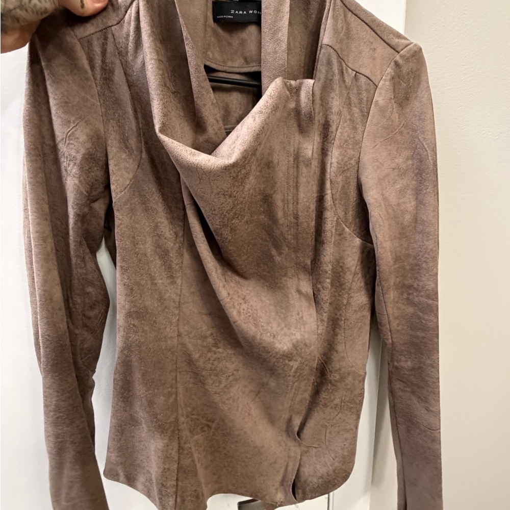 Zara Taupe Faux-Suede Draped Front Jacket